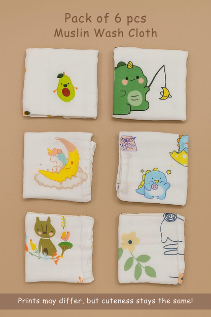 Muslin Printed Wash Cloth | Pack of 6