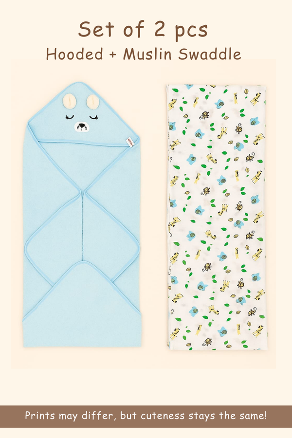 Hooded Swaddle + Muslin Swaddle Combo | Blue