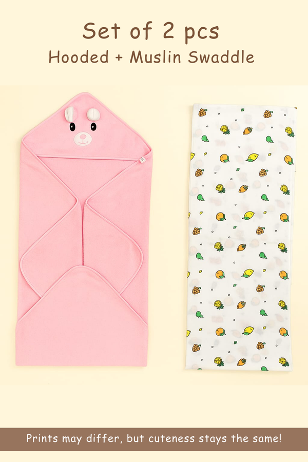 Hooded Swaddle + Muslin Swaddle Combo | Pink