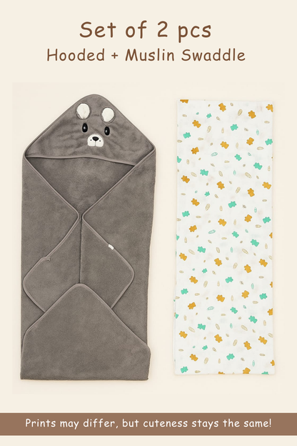 Hooded Swaddle + Muslin Swaddle Combo | Grey