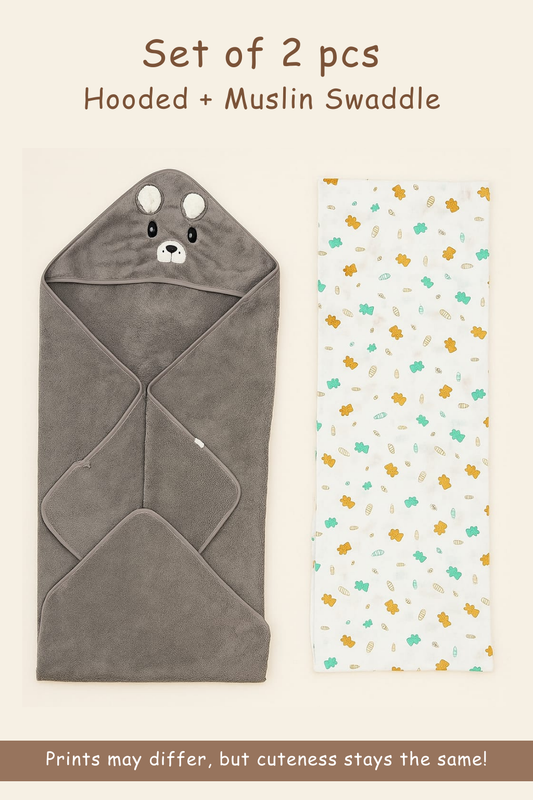Hooded Swaddle + Muslin Swaddle Combo | Grey